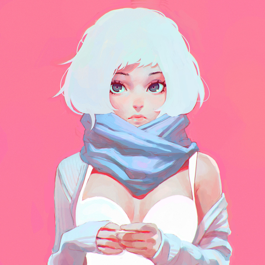 1girl blue_eyes breasts cleavage dress face ilya_kuvshinov lips long_sleeves looking_at_viewer off_shoulder original pink_background scarf short_hair simple_background solo upper_body white_dress white_hair