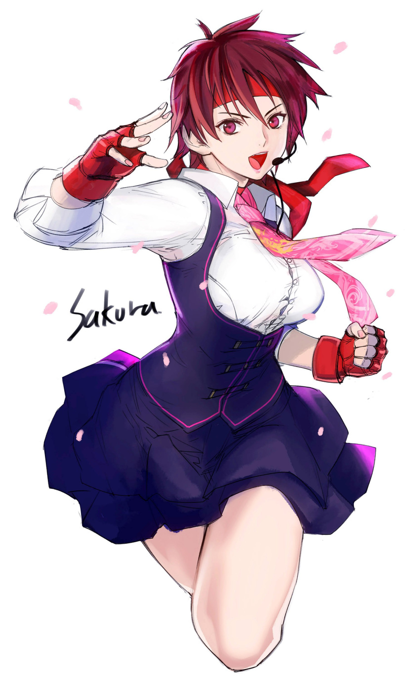 1girl absurdres brown_hair character_name cherry_blossoms fingerless_gloves gloves headband headset highres kasugano_sakura meme_attire necktie red_eyes red_headband skirt solo street_fighter street_fighter_v tetsu_(kimuchi) underbust vest virgin_killer_outfit