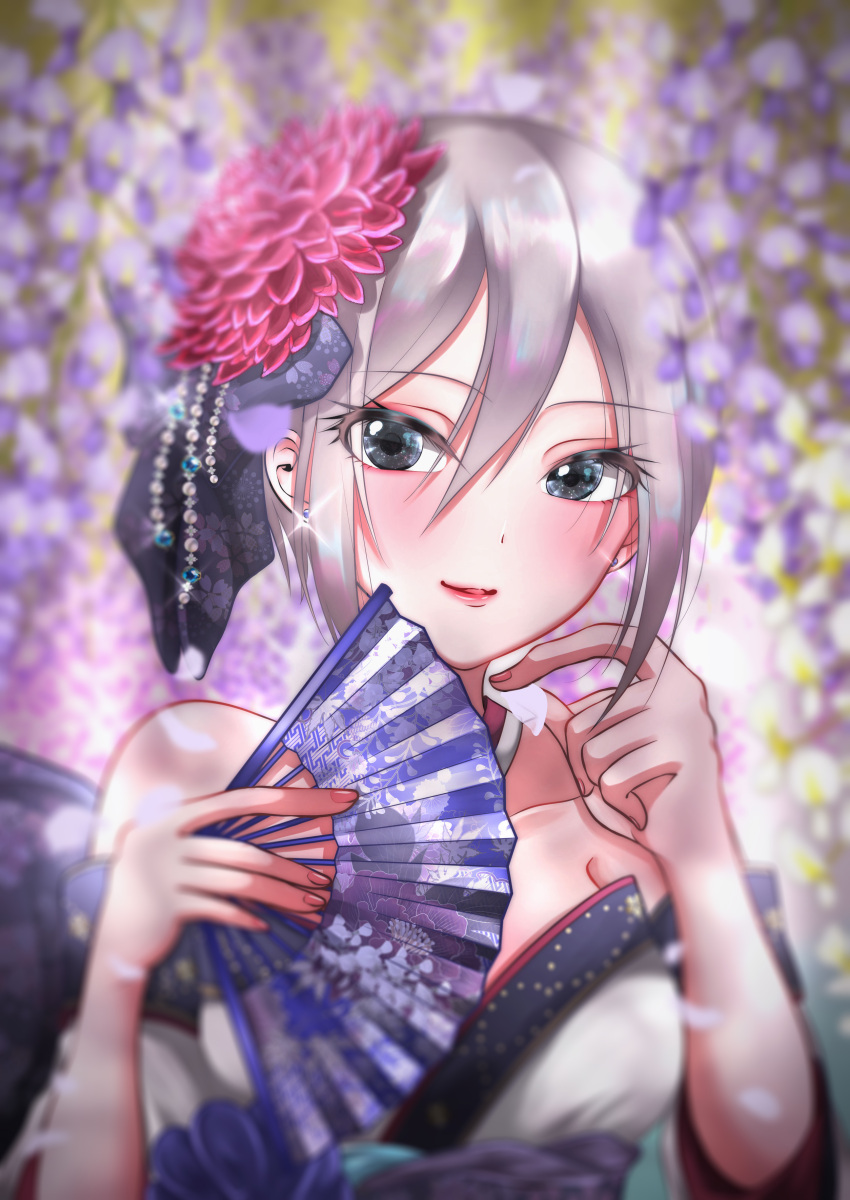 1girl absurdres black_eyes blush detached_sleeves fan flower folding_fan gold_foil_soft grey_hair hair_flower hair_ornament highres idolmaster idolmaster_cinderella_girls idolmaster_cinderella_girls_starlight_stage japanese_clothes looking_at_viewer shiomi_shuuko short_hair solo strapless