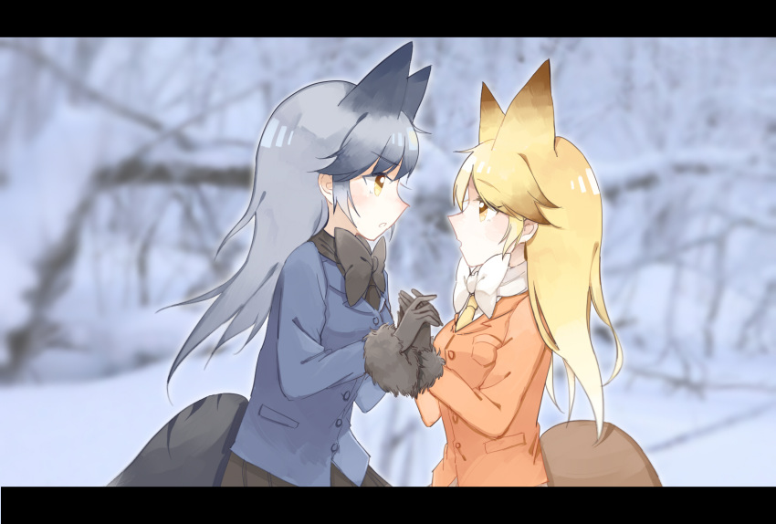 2girls animal_ears black_gloves black_neckwear black_skirt blonde_hair blue_jacket blurry bow bowtie breast_pocket buttons depth_of_field extra_ears eye_contact ezo_red_fox_(kemono_friends) fox_ears fox_tail frame fur_collar gloves hands_together highres jacket kemono_friends long_hair long_sleeves looking_at_another me_(dafeitu) multiple_girls necktie orange_jacket outdoors pleated_skirt pocket silver_fox_(kemono_friends) silver_hair skirt snow tail tree white_neckwear yellow_eyes yellow_neckwear