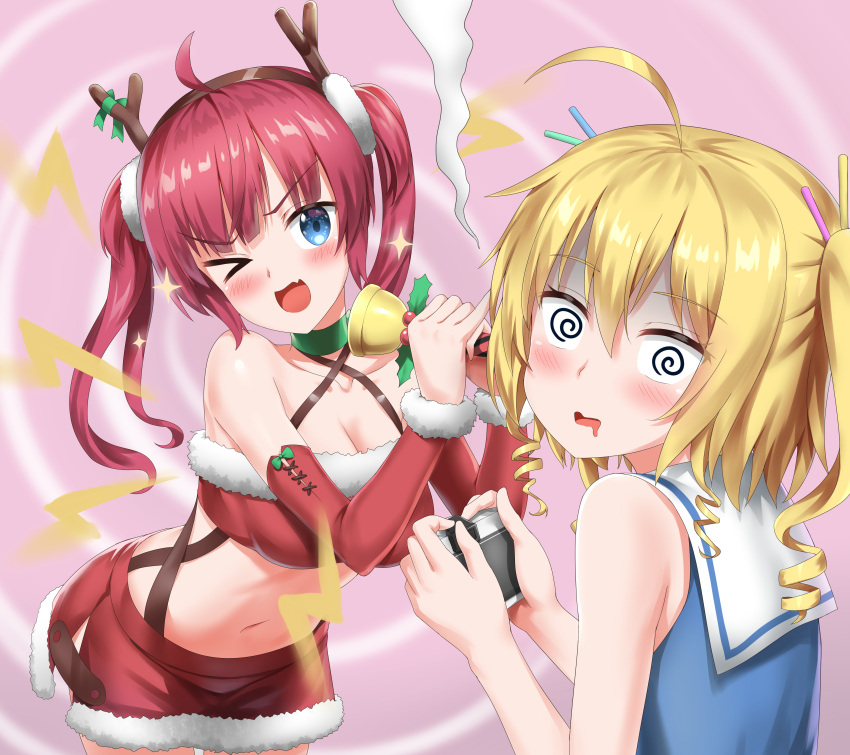 &gt;_o 2girls :d @_@ absurdres ahoge antlers azur_lane bad_singing bandeau bangs bell blonde_hair blue_eyes blue_shirt blush camera commentary_request criss-cross_halter eyebrows_visible_through_hair fake_antlers fang fur-trimmed_skirt green_choker gridley_(azur_lane) hair_between_eyes halterneck head_tilt highres holding holding_camera lightning_bolt long_hair looking_at_another looking_to_the_side midriff miniskirt multiple_girls navel nedia_(nedia_region) one_eye_closed open_mouth red_bandeau red_skirt redhead reindeer_antlers ringlets sailor_collar sailor_shirt saliva san_diego_(azur_lane) shirt skirt sleeveless sleeveless_shirt smile smoke twintails two_side_up v-shaped_eyebrows white_sailor_collar