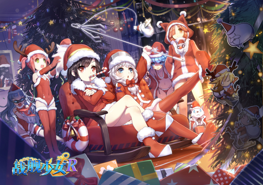 6+girls armchair black_hair blue_eyes blue_hair boots box candy candy_cane chair character_request christmas christmas_ornaments christmas_tree crossed_arms elbow_gloves fake_antlers food fur-trimmed_bikini fur-trimmed_boots fur-trimmed_gloves fur-trimmed_legwear fur_collar fur_trim gift gift_box gloves green_eyes hat hat_with_ears indoors legs_crossed long_hair multiple_girls observerz orange_eyes pink_hair pom_pom_(clothes) red_eyes red_gloves red_legwear redhead santa_bikini santa_boots santa_costume santa_gloves santa_hat short_hair sitting staff thigh-highs white_hair zhan_jian_shao_nyu