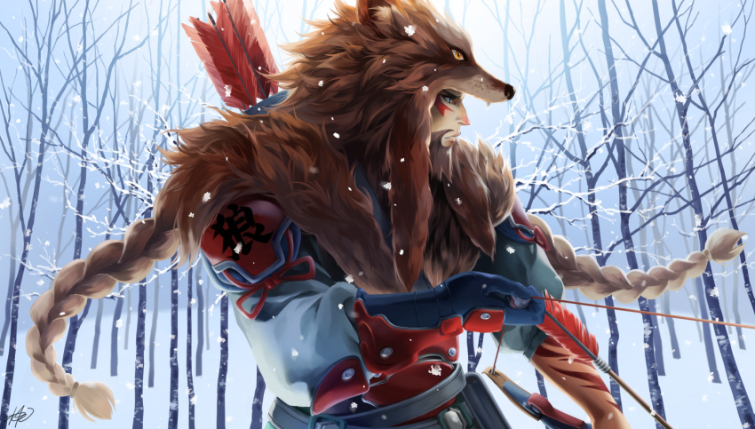 1boy arrow beard bow_(weapon) brown_eyes brown_hair facial_hair from_side hanzo_(overwatch) holding japanese_clothes lone_wolf_hanzo long_hair long_sleeves looking_away male_focus miringx2 outdoors overwatch ponytail quiver signature snow snowing solo upper_body weapon