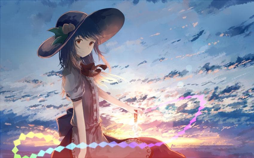 1girl apron blue_hair blue_sky clouds food fruit hat highres hinanawi_tenshi light_particles long_hair looking_at_viewer mifuru neck_ribbon peach red_eyes ribbon skirt sky smile solo sword sword_of_hisou touhou twilight weapon