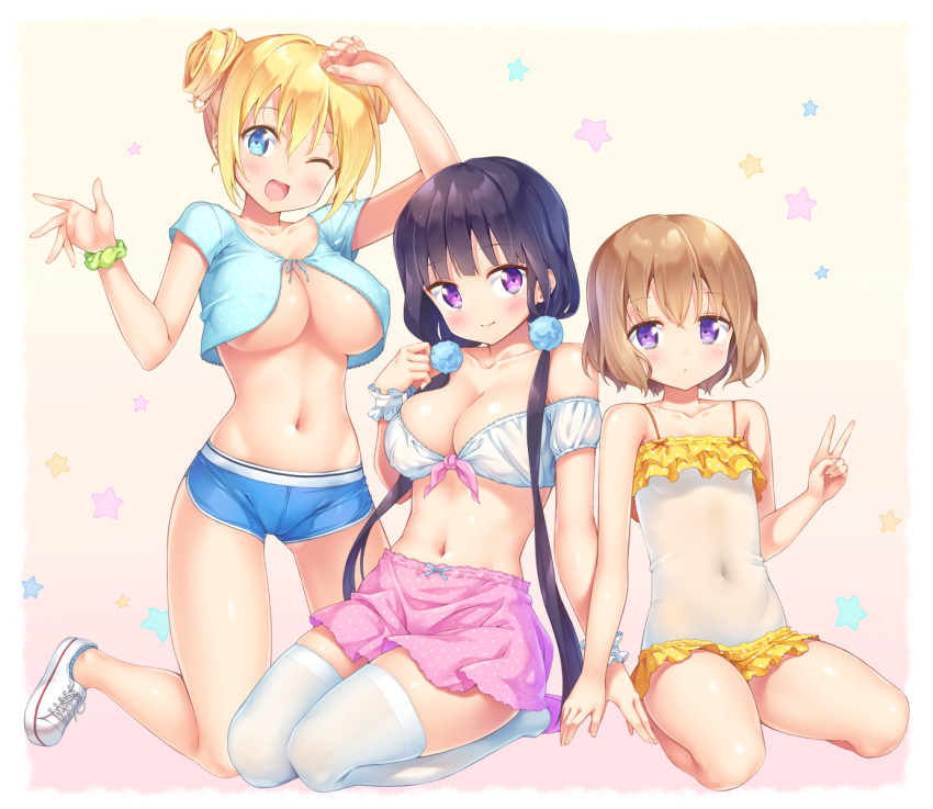 3girls ;d arm_up bangs bare_legs bare_shoulders black_hair blend_s blonde_hair blue_eyes blush boyshorts breasts brown_hair closed_mouth collarbone commentary covered_navel double_bun flat_chest frilled_swimsuit frills front-tie_top gym_shorts hair_bobbles hair_ornament hand_up highres hinata_kaho hoshikawa_mafuyu ichi_makoto kneeling large_breasts legs_together long_hair looking_at_viewer low_twintails midriff multiple_girls navel no_socks one-piece_swimsuit one_eye_closed open_mouth pink_skirt sakuranomiya_maika scrunchie see-through seiza shoes short_hair shorts sidelocks sitting skirt smile sneakers star starry_background swimsuit tareme teeth thigh-highs thighs tsurime twintails under_boob v very_long_hair violet_eyes white_footwear white_legwear wrist_scrunchie