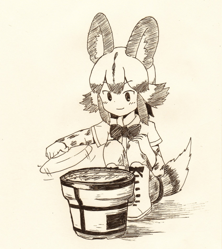 1girl african_wild_dog_(kemono_friends) african_wild_dog_ears african_wild_dog_tail animal_ears boots bow bowtie fan fish grill highres holding kemono_friends long_sleeves monochrome paper_fan saury shichirin short_over_long_sleeves short_sleeves solo tail uchiwa uepon_(shimo_ponzu)