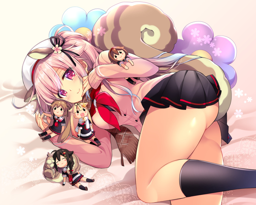 1girl :d ahoge animal_ears ass bed_sheet beret black_hair black_serafuku black_skirt blue_hair blush_stickers bow braid brown_hair cardigan character_doll chibi closed_mouth commentary_request gradient_hair hair_bow hair_flaps hair_ornament hair_ribbon hairband hairclip harusame_(kantai_collection) hat highres kantai_collection kemonomimi_mode light_brown_hair long_hair lying minigirl multicolored_hair murasame_(kantai_collection) on_side open_mouth pink_cardigan pink_hair pleated_skirt remodel_(kantai_collection) ribbon ringo_sui scarf school_uniform serafuku shigure_(kantai_collection) shiratsuyu_(kantai_collection) short_hair side_ponytail single_braid sitting size_difference skirt smile solo squirrel squirrel_ears squirrel_girl squirrel_tail tail twintails violet_eyes yuudachi_(kantai_collection)