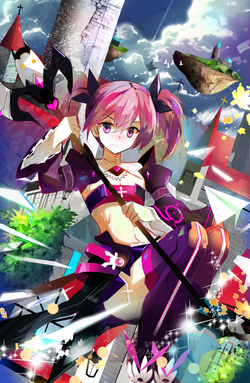 1girl absurdres aisha_(elsword) black_ribbon boots breasts cleavage day elsword eyebrows_visible_through_hair floating_island guild_sweetheart hair_between_eyes hair_ribbon highres holding holding_weapon long_hair looking_at_viewer midriff navel outdoors pink_hair purple_footwear ribbon small_breasts smile solo staff stomach thigh-highs thigh_boots twintails violet_eyes weapon