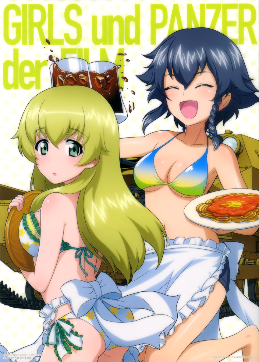 2girls absurdres apron ass beer_mug bikini black_hair blonde_hair blue_bikini braid breasts carpaccio cleavage closed_eyes copyright_name cowboy_shot denim denim_shorts floral_print food frilled_apron frills girls_und_panzer gradient_bikini green_eyes ground_vehicle highres long_hair looking_at_viewer medium_breasts military military_vehicle motor_vehicle multiple_girls official_art open_mouth pasta pepperoni_(girls_und_panzer) plate short_hair short_shorts shorts side-tie_bikini side_braid smile spaghetti swimsuit tank tray under_boob white_bikini