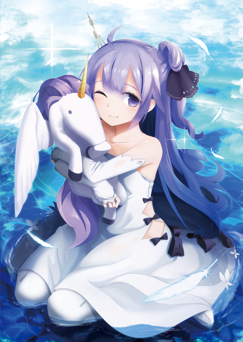 1girl ;) ahoge azur_lane bangs bare_shoulders black_bow black_ribbon blush bow closed_mouth clouds collarbone commentary_request detached_sleeves dress eyebrows_visible_through_hair feathers gomibukurokarasu hair_between_eyes hair_bun hair_ornament hair_ribbon highres long_hair long_sleeves looking_at_viewer no_shoes object_hug one_eye_closed one_side_up pantyhose purple_hair ribbon shallow_water side_bun sitting sleeves_past_wrists smile solo strapless strapless_dress stuffed_animal stuffed_pegasus stuffed_toy stuffed_unicorn unicorn_(azur_lane) very_long_hair violet_eyes water white_dress white_legwear yokozuwari