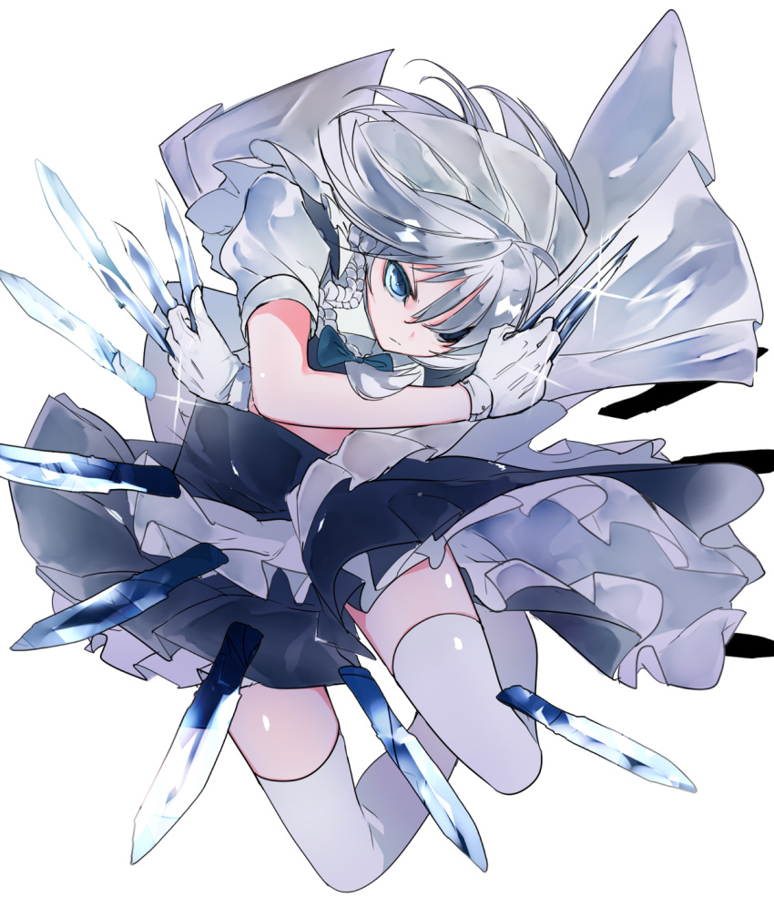 &gt;:( 1girl apron blue_bow blue_eyes bow braid commentary_request frilled_apron frills gloves hair_bow highres holding holding_knife ikurauni izayoi_sakuya knife knives_between_fingers maid_apron maid_headdress petticoat puffy_short_sleeves puffy_sleeves short_hair short_sleeves silver_hair solo thigh-highs touhou white_gloves white_legwear zettai_ryouiki