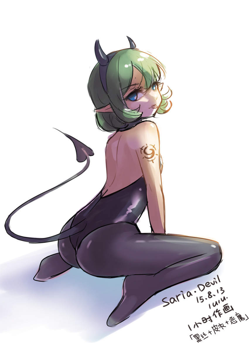 1girl 2015 alternate_costume arched_back arm_tattoo artist_name ass back bangs bare_arms bare_back bare_shoulders black_hairband black_leotard blue_eyes bob_cut breasts character_name chinese closed_mouth dated demon_horns demon_tail eyebrows eyebrows_visible_through_hair facing_away fake_horns from_behind full_body green_hair grey_legwear hair_between_eyes hairband head_tilt highres horns kneeling legs_apart leotard looking_at_viewer looking_back out_of_character pantyhose pointy_ears ruru_(lulubuu) saria shadow short_hair simple_background small_breasts smile solo tail tattoo the_legend_of_zelda the_legend_of_zelda:_ocarina_of_time tongue tongue_out translation_request tsurime turtleneck white_background