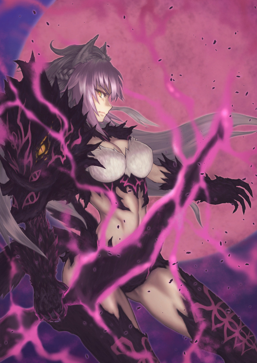 1girl absurdres animal_ears archer_of_red boots breasts cleavage fate/apocrypha fate_(series) green_eyes grey_hair highres large_breasts long_hair looking_at_viewer revealing_clothes slit_pupils solo thigh-highs thigh_boots very_long_hair wolf_ears yasu_(segawahiroyasu)