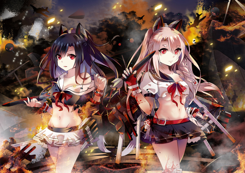 2girls absurdres animal_ears azur_lane belt black_hair black_skirt braid breasts cat_ears collarbone cowboy_shot crop_top fingerless_gloves floating_hair gloves groin hair_between_eyes highres holding holding_weapon long_hair looking_at_viewer medium_breasts microskirt miniskirt multicolored_hair multiple_girls navel neck_ribbon outdoors pink_hair red_eyes red_gloves red_ribbon ribbon seiya_asakami shigure_(azur_lane) shirt silver_hair skirt smile standing torn_clothes torn_shirt torpedo two-tone_hair under_boob very_long_hair weapon white_skirt yuudachi_(azur_lane)