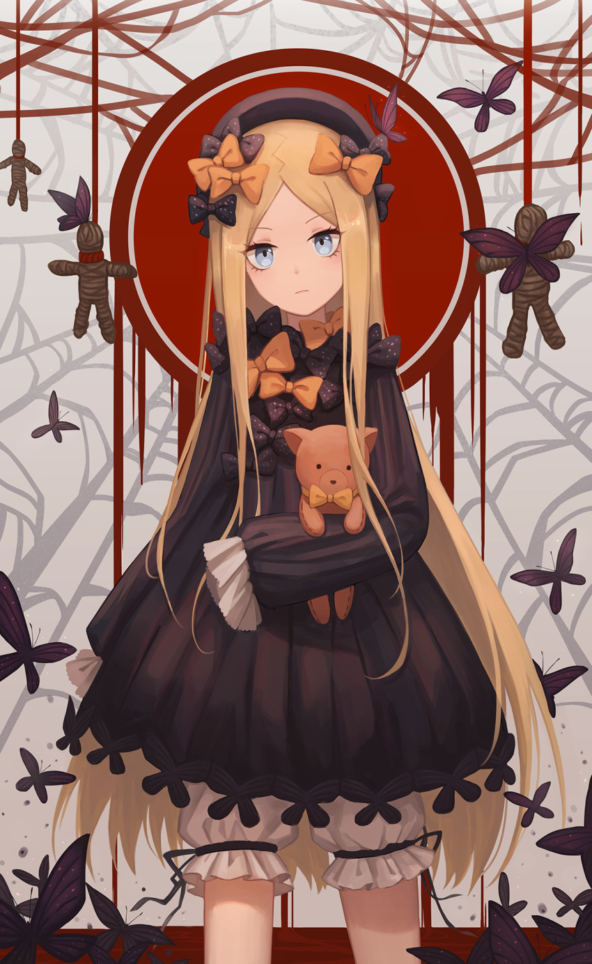 1girl abigail_williams_(fate/grand_order) ain_(3990473) animal bangs black_bow black_dress black_hat blonde_hair bloomers blue_eyes bow butterfly closed_mouth commentary_request cowboy_shot dress eyebrows_visible_through_hair fate/grand_order fate_(series) forehead hair_bow hat headphones highres long_hair long_sleeves looking_at_viewer noose object_hug orange_bow parted_bangs polka_dot polka_dot_bow sleeves_past_wrists solo stuffed_animal stuffed_toy teddy_bear underwear v-shaped_eyebrows very_long_hair voodoo_doll white_bloomers