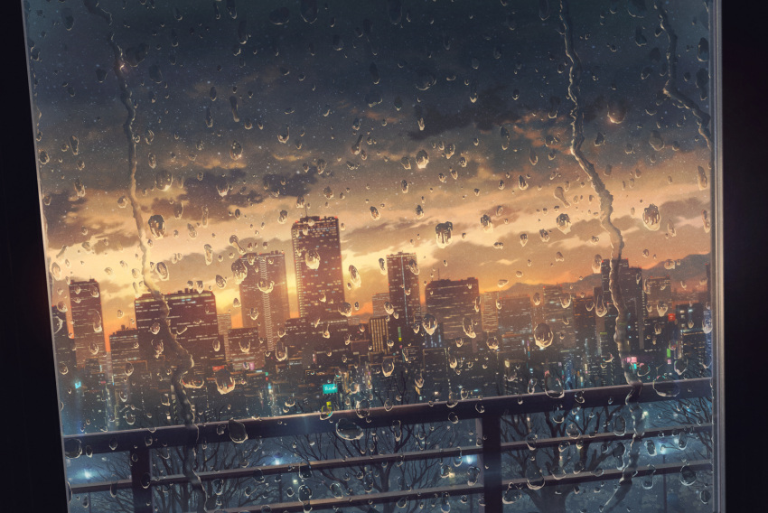 bare_tree building city cityscape clouds cloudy_sky cola_(gotouryouta) commentary_request droplet highres indoors no_humans original railing rain scenery sky skyline skyscraper sunset tree window