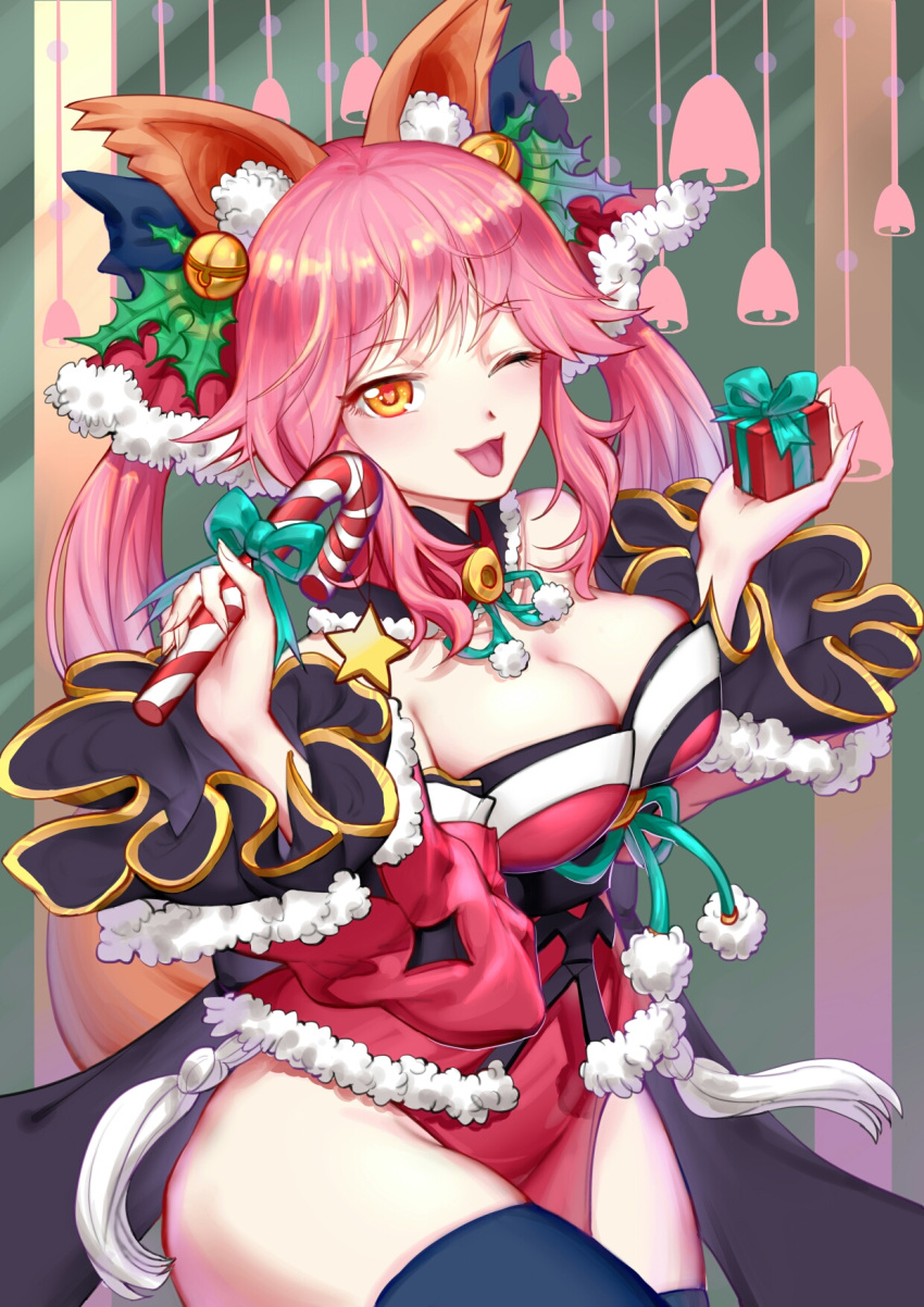 1girl alternate_color alternate_costume animal_ears bell black_legwear boku_koyuki_mx bow box breasts candy candy_cane christmas cleavage commentary_request detached_sleeves fate/extella fate/extra fate/grand_order fate_(series) food fox_ears fox_tail fur_trim gift gift_box hair_bow hair_ribbon heart heart-shaped_pupils highres japanese_clothes large_breasts lollipop looking_at_viewer one_eye_closed pink_hair ribbon santa_costume solo symbol-shaped_pupils tail tamamo_(fate)_(all) tamamo_no_mae_(fate) thigh-highs yellow_eyes