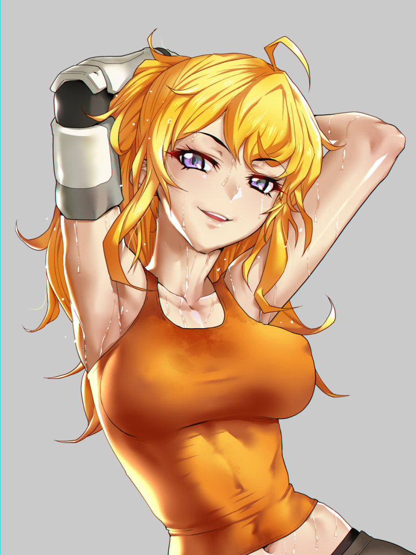 1girl ahoge armpits arms_up blonde_hair blush breasts collarbone commentary_request don_(rg06268) erect_nipples grey_background highres large_breasts long_hair looking_at_viewer mechanical_arm midriff navel open_mouth orange_tank_top prosthesis rwby shiny shiny_hair shiny_skin shirt simple_background smile solo sweat tank_top taut_clothes taut_shirt teeth upper_body violet_eyes wavy_hair yang_xiao_long