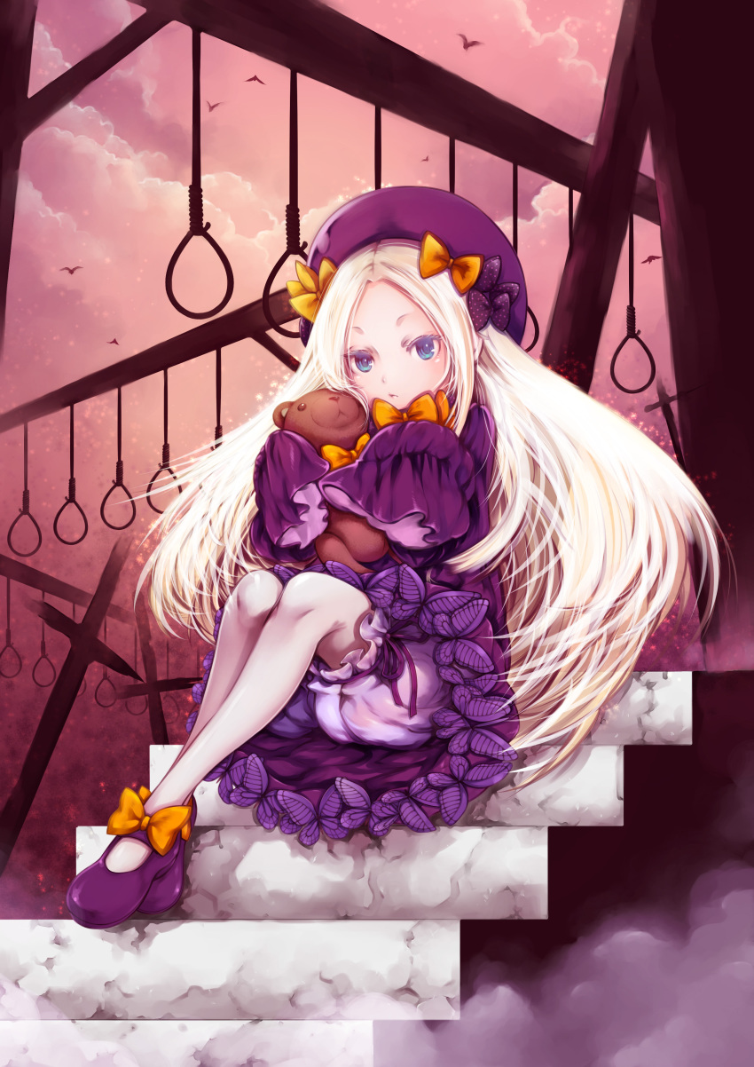 1girl abigail_williams_(fate/grand_order) absurdres bangs bird black_bow blonde_hair bloomers blue_eyes bow butterfly closed_mouth clouds cloudy_sky commentary_request dress fate/grand_order fate_(series) forehead hair_bow hat highres long_hair long_sleeves looking_at_viewer mary_janes nanafuku noose object_hug orange_bow outdoors parted_bangs polka_dot polka_dot_bow purple_dress purple_footwear purple_hat rope shoes sitting sky sleeves_past_wrists solo stairs stone_stairs stuffed_animal stuffed_toy teddy_bear underwear very_long_hair white_bloomers