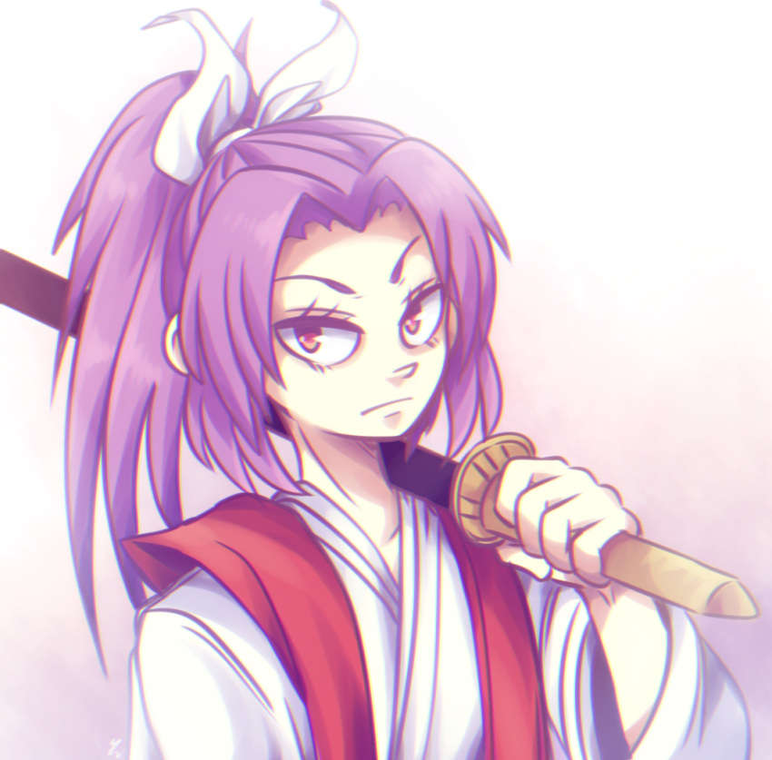 1girl hair_ribbon japanese_clothes katana looking_at_viewer meira ponytail purple_hair ribbon sword touhou touhou_(pc-98) violet_eyes weapon yatsunote