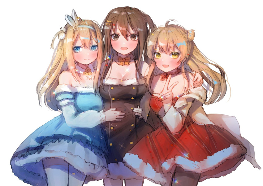 3girls ahoge alternate_costume arm_around_shoulder arms_around_waist bangs bare_shoulders blonde_hair blue_eyes blush bow breasts brown_eyes brown_hair choker cleavage closed_mouth coat collarbone double-breasted double_bun dress eyebrows_visible_through_hair girls_frontline green_eyes hair_between_eyes hair_bow hair_ornament hairband hairclip hanato_(seonoaiko) jewelry k-2_(girls_frontline) large_breasts long_hair looking_at_viewer medium_breasts multiple_girls navel open_clothes open_coat open_mouth ponytail rfb_(girls_frontline) ribbon sidelocks silver_hair simple_background skirt smile snowflake_hair_ornament sparkle suomi_kp31_(girls_frontline) swimsuit thigh-highs thighs v very_long_hair white_legwear