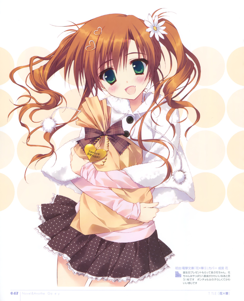 1girl absurdres bangs blush brown_hair capelet eyebrows_visible_through_hair fang flower gift green_eyes hair_flower hair_ornament hairclip hana_x_hana highres holding long_hair long_sleeves looking_at_viewer narumiya_hana official_art open_mouth page_number pleated_skirt pom_pom_(clothes) ryouka_(suzuya) scan simple_background skirt smile solo twintails