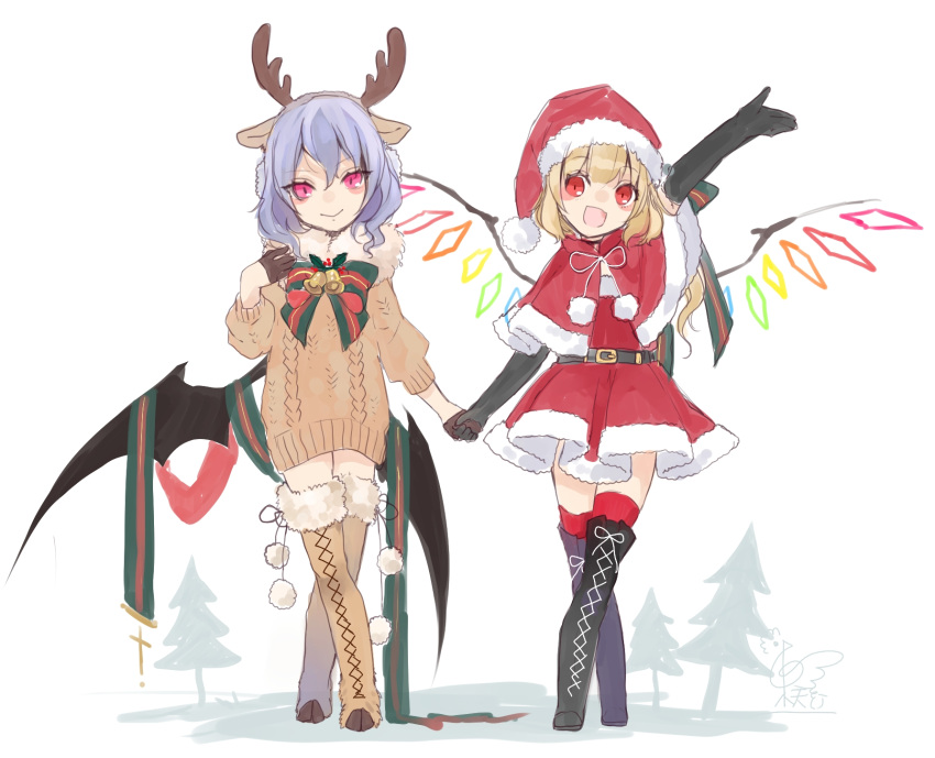 2girls alternate_costume antlers bat_wings black_footwear black_gloves blonde_hair boots brown_footwear capelet cross-laced_footwear dress elbow_gloves flandre_scarlet fur_collar gloves hand_holding hand_up hat highres lace-up_boots looking_at_viewer multiple_girls open_mouth outstretched_arm pink_eyes red_dress red_eyes red_hat remilia_scarlet short_dress siblings simple_background sisters smile standing touhou toutenkou white_background wings