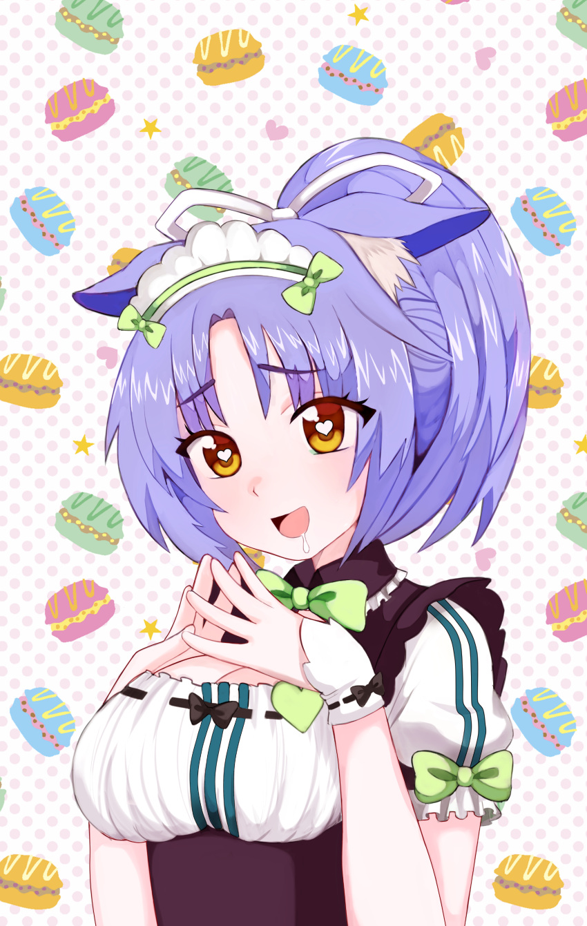 1girl :d absurdres animal_ears bow bowtie breasts brown_eyes cat_ears cinnamon_(sayori) commentary drooling eyebrows_visible_through_hair eyes_visible_through_hair green_neckwear heart heart-shaped_pupils highres kumaartsu large_breasts looking_at_viewer macaron_background maid maid_headdress nekopara open_mouth polka_dot polka_dot_background ponytail puffy_short_sleeves puffy_sleeves purple_hair saliva short_hair short_sleeves smile solo star steepled_fingers symbol-shaped_pupils wrist_cuffs