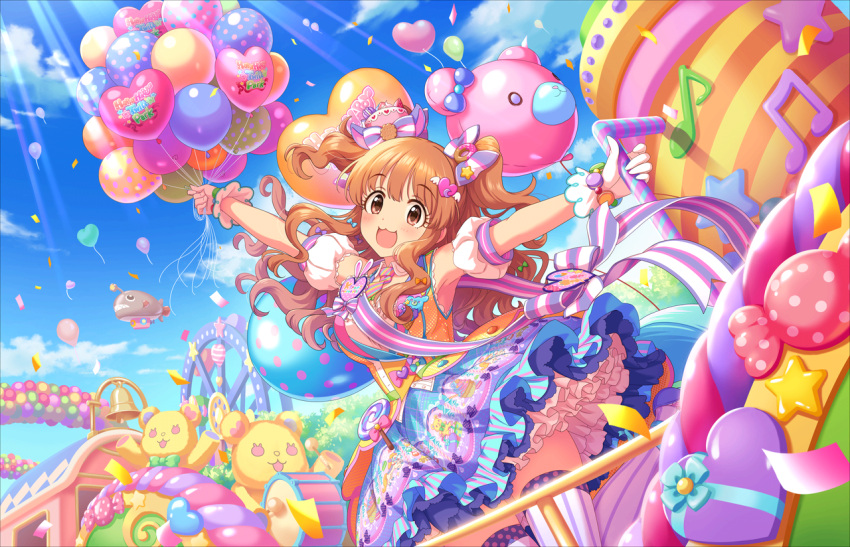 1girl :3 alternate_hairstyle amusement_park artist_request balloon bangs blue_sky blush bow breasts brown_eyes candy confetti day detached_sleeves dress food frilled_dress frills gloves hair_bow hair_ornament hairclip heart heart_balloon holding idolmaster idolmaster_cinderella_girls idolmaster_cinderella_girls_starlight_stage long_hair looking_at_viewer macaron medium_breasts moroboshi_kirari musical_note necktie official_art orange_hair petticoat polka_dot puffy_short_sleeves puffy_sleeves ribbon short_sleeves sky smile solo star striped striped_neckwear stuffed_animal stuffed_toy teddy_bear thigh-highs two_side_up white_gloves