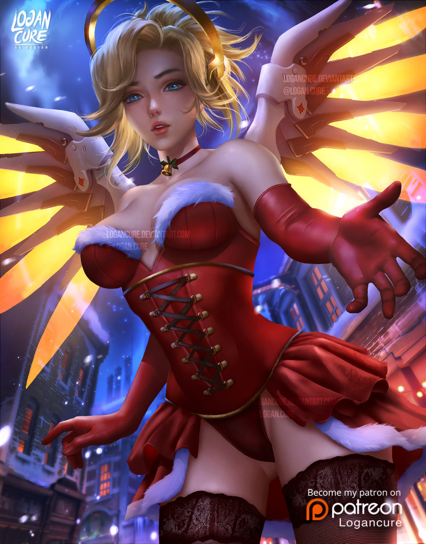 1girl alternate_costume bell bell_collar blonde_hair blue_eyes breasts brown_legwear building christmas cleavage collar commentary corset dress elbow_gloves from_below fur-trim gloves glowing glowing_wings highres large_breasts logan_cure looking_at_viewer mechanical_halo mercy_(overwatch) night nose outdoors outstretched_hand overwatch parted_lips patreon_logo pink_lips red_dress red_gloves snowing solo spread_wings thigh-highs town watermark web_address wings yellow_wings