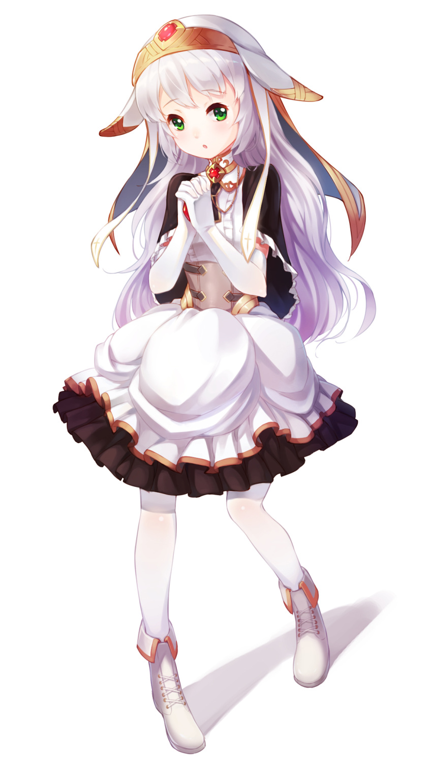 1girl :o boots capelet corset dress elbow_gloves frilled_capelet full_body gem gloves green_eyes hands_together headband highres interlocked_fingers knightzzz looking_at_viewer original pantyhose praying solo standing veil white_background white_footwear white_gloves white_hair white_legwear