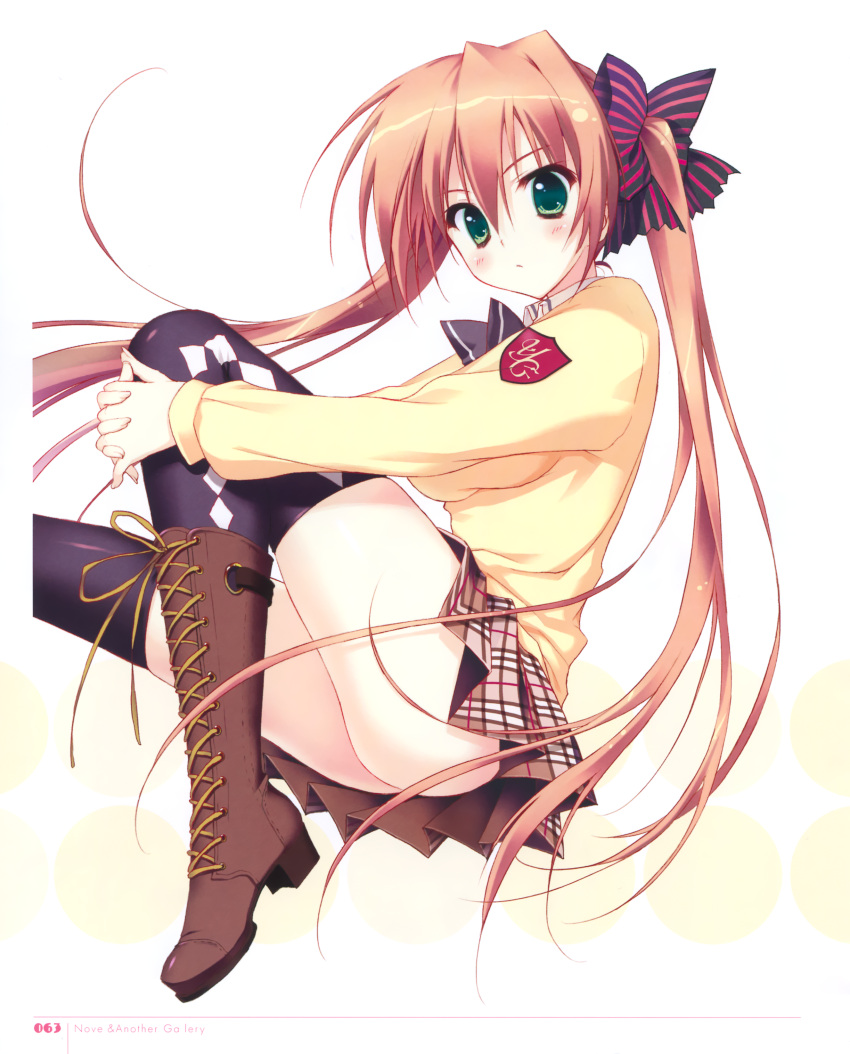 101_no_hyaku_monogatari 1girl absurdres argyle argyle_legwear ass black_legwear blush boots bow brown_footwear brown_hair cross-laced_footwear green_eyes hair_bow highres knee_boots lace-up_boots long_sleeves looking_at_viewer mutsumi_neo page_number pleated_skirt ryouka_(suzuya) scan school_uniform simple_background skirt solo thigh-highs thighs twintails