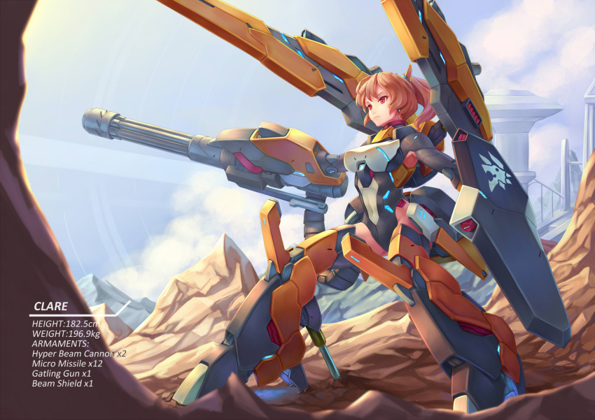 1girl bangs bigrbear blue_sky breasts brown_hair character_name closed_mouth clouds covered_navel day gun height highres holding large_breasts legs_apart leotard machine_gun machinery mecha_musume original outdoors ponytail red_eyes robot_ears rock science_fiction sky smile solo standing weapon weight