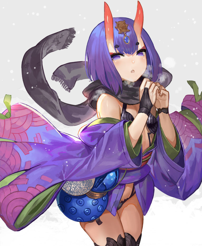 1girl :o absurdres akizone bangs bare_shoulders black_bra black_gloves black_legwear black_panties black_scarf bra breath bridal_gauntlets commentary cowboy_shot eyebrows_visible_through_hair eyeshadow fang fate/grand_order fate_(series) gloves gourd hair_ornament hands_up highres horns japanese_clothes kimono legs_together long_sleeves looking_at_viewer makeup obi oni oni_horns panties parted_lips purple_hair purple_kimono revealing_clothes sash scarf short_eyebrows short_hair shuten_douji_(fate/grand_order) snowing solo standing thigh-highs underwear violet_eyes