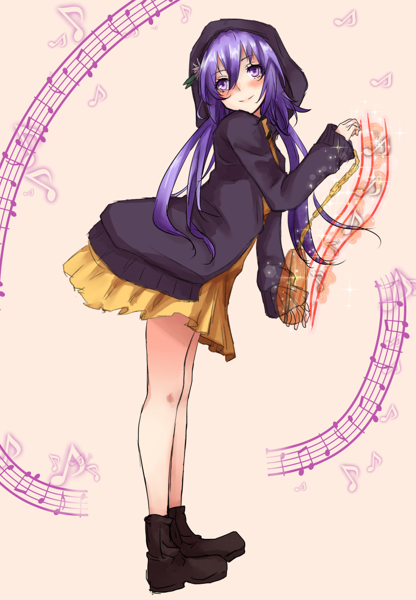 1girl absurdres amagi_(amagi626) biwa_lute blush boots brown_dress dress flower hair_flower hair_ornament highres hood hoodie instrument long_hair looking_back low_twintails lute_(instrument) musical_note purple_hair smile solo staff_(music) touhou tsukumo_benben twintails violet_eyes