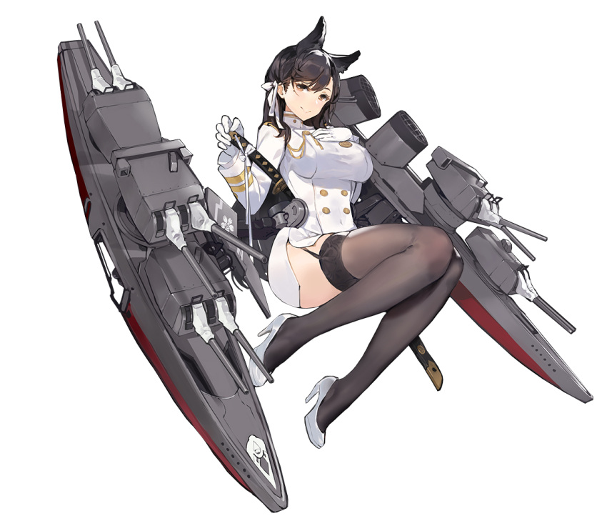 1girl animal_ears atago_(azur_lane) azur_lane bangs black_hair black_legwear breasts buttons cat_ears covered_navel eyebrows full_body gloves hair_ribbon high_heels katana kishiyo knees_together_feet_apart large_breasts long_hair long_sleeves machinery magatama military military_uniform miniskirt mole mole_under_eye official_art orange_eyes pencil_skirt ribbon sheath sheathed shoes side_slit simple_background skirt smile solo sword taut_clothes thigh-highs transparent_background turret turtleneck uniform weapon white_footwear white_gloves white_ribbon white_skirt zettai_ryouiki