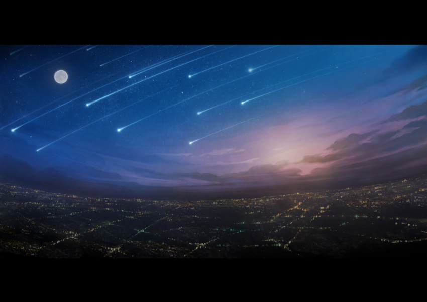 blue_sky city city_lights fantasy full_moon landscape letterboxed moon night night_sky no_humans original outdoors sachi_(yumemayoi) scenery shooting_star sky star_(sky) starry_sky witch