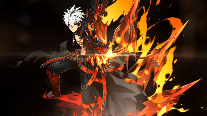 1boy artist_request belt black_background black_hair black_pants boots claws cross cross_necklace elsword energy highres jewelry knee_boots looking_at_viewer male_focus multicolored_hair necklace official_art pants raven_(elsword) red_footwear scar shirtless solo spiky_hair two-tone_hair white_hair yellow_eyes