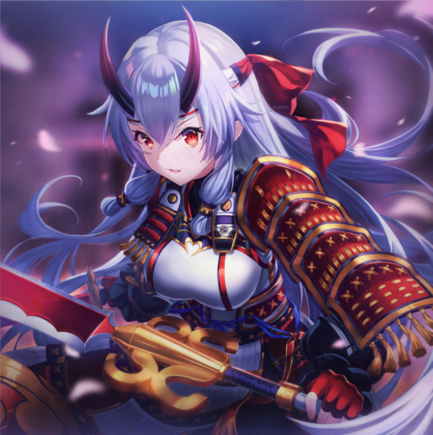 1girl armor artist_name bangs blurry breasts depth_of_field fate/grand_order fate_(series) fingerless_gloves gloves hachimaki hair_between_eyes headband highres holding holding_sword holding_weapon japanese_armor looking_at_viewer narae oni_horns open_mouth petals red_eyes red_gloves signature silver_hair slit_pupils solo sword tomoe_gozen_(fate/grand_order) weapon