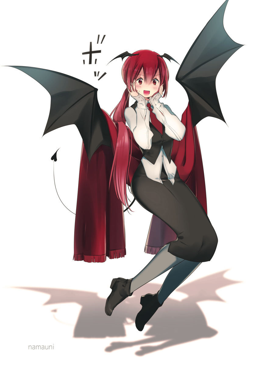 1girl artist_name bangs black_footwear black_skirt black_wings commentary_request demon_tail demon_wings full_body hands_on_own_cheeks hands_on_own_face hands_up head_wings highres koakuma long_hair long_skirt looking_at_viewer namauni necktie pantyhose red_eyes red_neckwear red_scarf redhead scarf shadow shoes simple_background skirt skirt_set smile solo tail touhou vest white_background wings