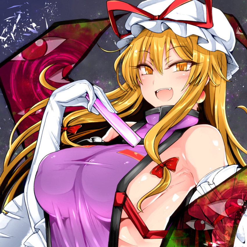 1girl bangs blonde_hair blush bow breasts closed_eyes commentary_request detached_sleeves elbow_gloves fangs gap gloves hair_between_eyes hair_bow hat hat_ribbon highres holding large_breasts long_hair looking_at_viewer mob_cap naked_tabard open_mouth red_bow red_ribbon ribbon roki_(hirokix) sideboob sidelocks solo star starry_background tabard touhou tsurime upper_body white_gloves white_hat yakumo_yukari yellow_eyes