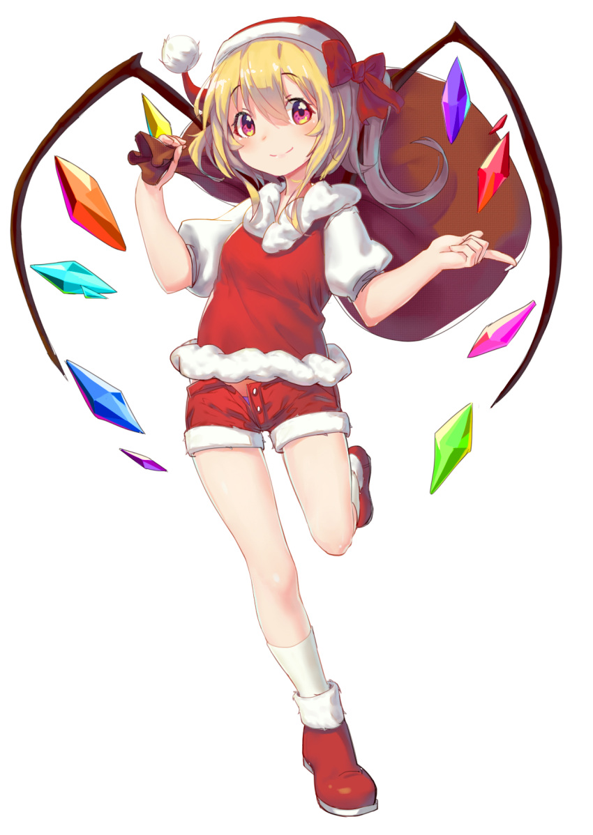 1girl adapted_costume alternate_headwear ankle_boots bangs blonde_hair blush boots bow carrying closed_mouth crystal eyebrows_visible_through_hair flandre_scarlet full_body fur-trimmed_boots fur_trim hair_bow hat highres kneehighs leg_up looking_at_viewer one_side_up open_fly over_shoulder panties panty_peek pink_eyes puffy_short_sleeves puffy_sleeves purple_panties red_bow red_footwear red_hat red_shorts sack santa_hat shiny shiny_hair short_hair short_shorts short_sleeves shorts simple_background smile sndbr solo standing standing_on_one_leg tareme touhou unbuttoned underwear white_background white_legwear wings