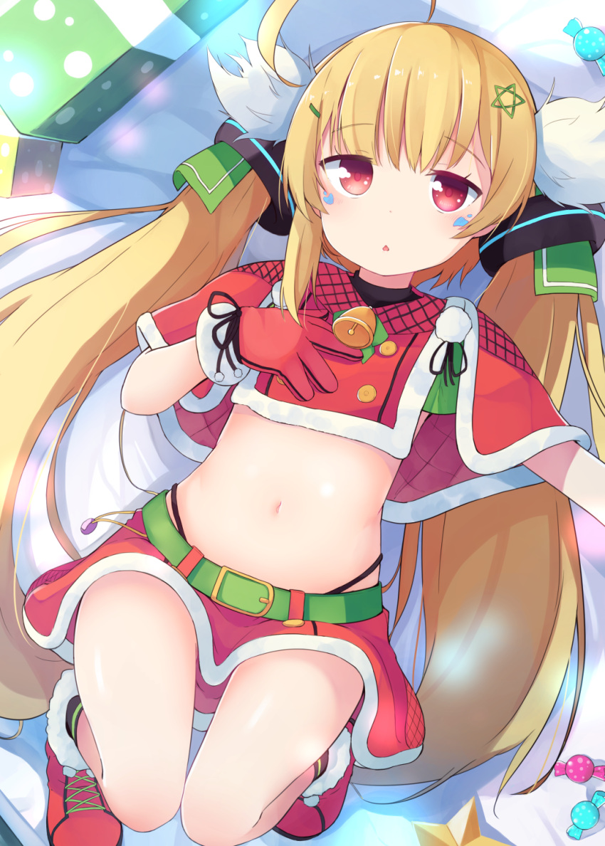 1girl ahoge alternate_costume azur_lane bell blonde_hair candy chestnut_mouth eldridge_(azur_lane) facial_mark food gift gloves hair_ornament hairclip highres long_hair looking_at_viewer lying midriff navel okota_mikan on_back red_eyes red_footwear red_gloves red_skirt skirt solo star star_hair_ornament twintails very_long_hair