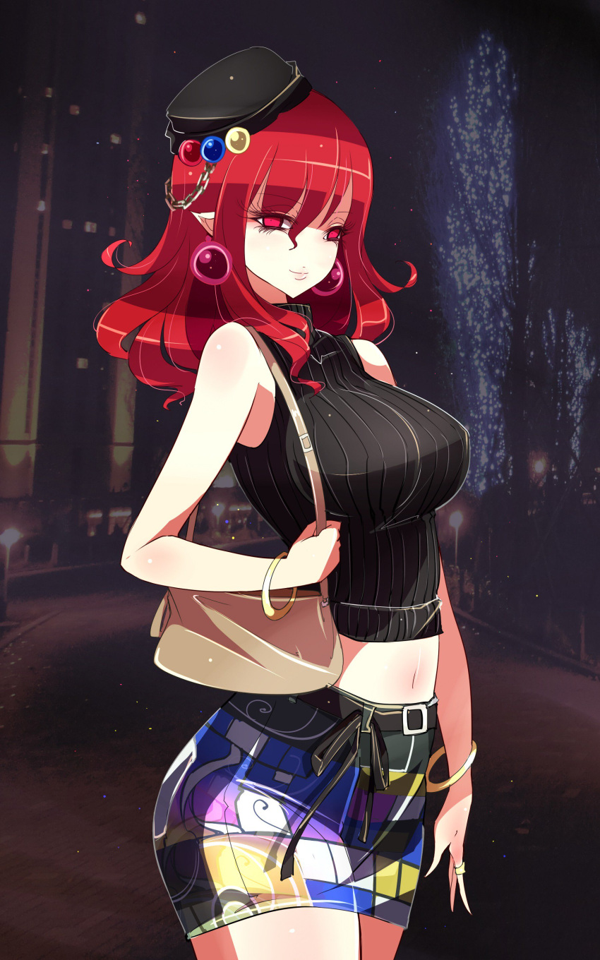1girl absurdres alternate_costume bag bangle bare_arms bare_shoulders belt black_hat black_sweater bracelet breasts casual comic cowboy_shot hat hecatia_lapislazuli highres jewelry large_breasts long_hair looking_at_viewer midriff navel night night_sky outdoors pointy_ears raptor7 red_eyes redhead ribbed_sweater shoulder_bag skirt sky smile solo sweater sweater_vest touhou turtleneck turtleneck_sweater