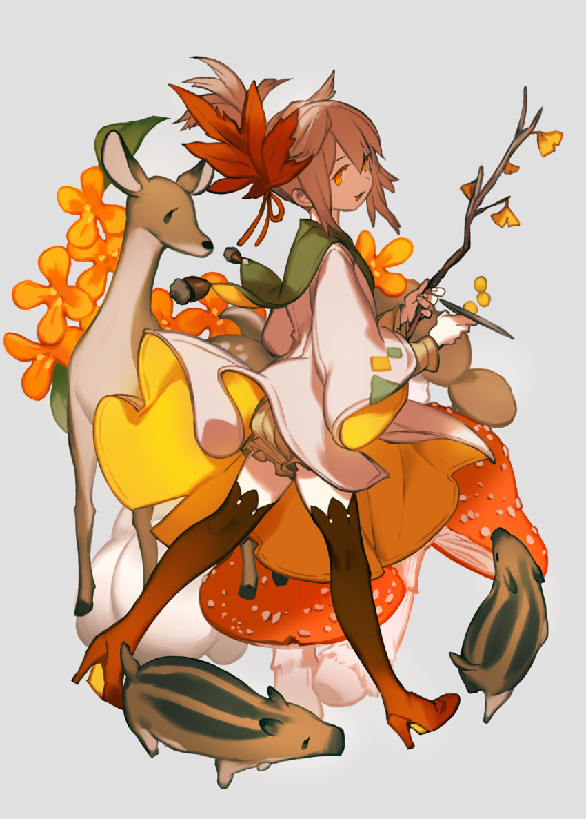 1girl :3 :d boar boots brown_hair commentary_request deer grey_background hair_between_eyes high_heels highres holding leaf lee_hyeseung long_sleeves looking_at_viewer looking_to_the_side maple_leaf mushroom open_mouth orange_eyes orange_footwear original simple_background smile standing thigh-highs thigh_boots walking