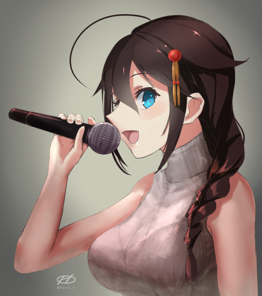 1girl :d ahoge alternate_costume artist_name bare_arms bare_shoulders blue_eyes blush braid breasts brown_hair from_side gradient gradient_background green_background grey_sweater hair_between_eyes hair_flaps hair_ornament hairpin hand_up haruto_(harut_n) highres holding holding_microphone kantai_collection large_breasts long_hair looking_at_viewer looking_to_the_side microphone music open_mouth remodel_(kantai_collection) shigure_(kantai_collection) side_glance singing single_braid sleeveless sleeveless_turtleneck smile solo sweater tareme turtleneck turtleneck_sweater upper_body