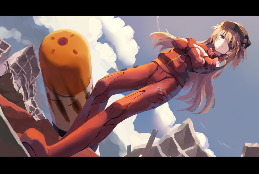 1girl blonde_hair blue_eyes blue_sky bodysuit closed_mouth clouds commentary_request crossed_arms day dutch_angle eyebrows_visible_through_hair eyepatch gloves hat huanxiang_huifeng jacket letterboxed light_frown long_hair long_sleeves looking_at_viewer neon_genesis_evangelion outdoors plugsuit red_bodysuit red_gloves red_jacket sky solo souryuu_asuka_langley