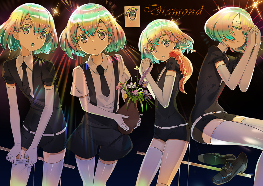 :o androgynous black_background black_footwear black_neckwear black_shirt black_shorts blue_hair character_name closed_mouth collared_shirt diamond_(houseki_no_kuni) dressing el-zheng elbow_gloves flower glint gloves half-closed_eyes hands_clasped houseki_no_kuni interlocked_fingers invisible_chair leaning_forward multicolored multicolored_eyes multicolored_hair multiple_views necktie open_mouth own_hands_together parted_lips plant potted_plant puffy_short_sleeves puffy_sleeves shirt shoes shoes_removed short_hair short_sleeves shorts single_thighhigh sitting standing suspender_shorts suspenders thigh-highs ventricosus white_gloves white_legwear white_shirt wing_collar