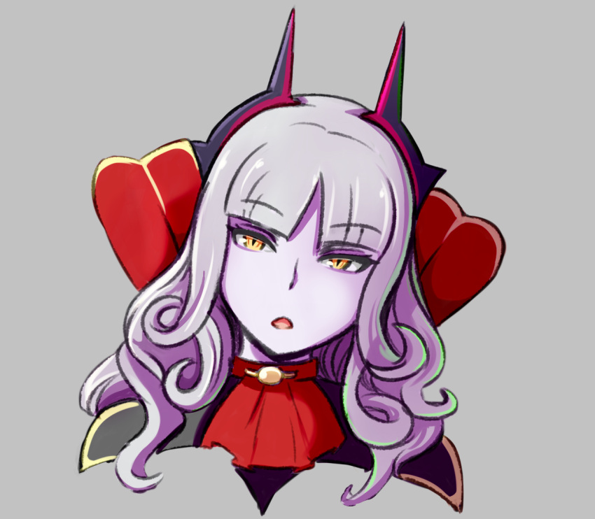 1girl :o bangs blunt_bangs carmilla_(fate/grand_order) commentary_request cravat cropped_torso curly_hair fate/grand_order fate_(series) grey_background head_tilt high_collar horns long_hair looking_at_viewer nav parted_lips portrait purple_hair purple_skin red_neckwear simple_background slit_pupils solo upper_body yellow_eyes