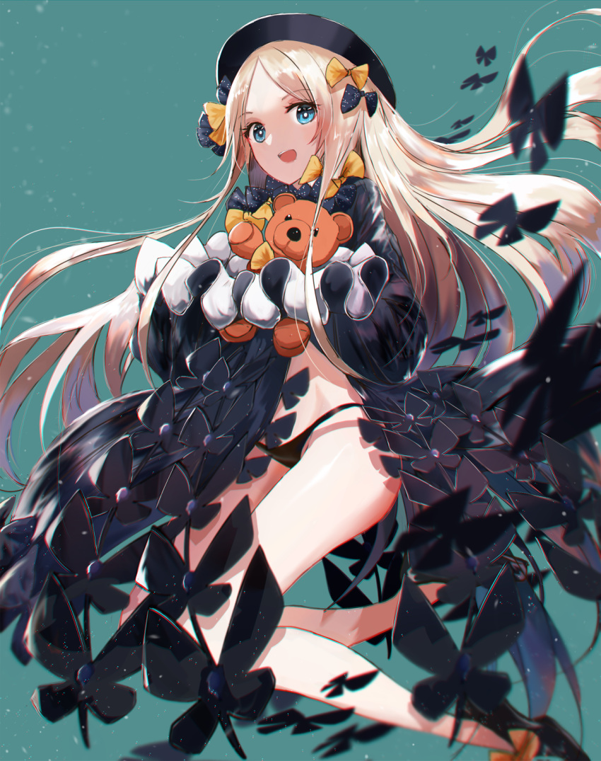 1girl :d abigail_williams_(fate/grand_order) aqua_background bangs bare_legs black_bow black_dress black_footwear black_hat black_panties blonde_hair blue_eyes bow butterfly commentary_request dress eyebrows_visible_through_hair fate/grand_order fate_(series) forehead hair_bow hat highres holding holding_stuffed_animal long_hair long_sleeves looking_at_viewer open_mouth orange_bow panties parted_bangs polka_dot polka_dot_bow shoes sleeves_past_wrists smile solo stuffed_animal stuffed_toy swav teddy_bear underwear very_long_hair